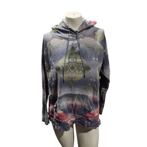 Chaps Hooded Waffle Knit Top L Geometric Southwestern Print Lightweight Hoodie
